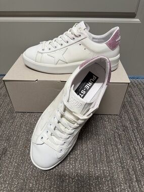 Golden Goose Purestar White Leather Sneakers with Pink Glitter Heel Tab